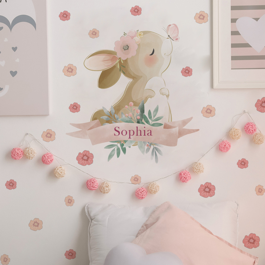 Baby Nursery Set Furniture - Custom Names Cute Pink Bunny Playing