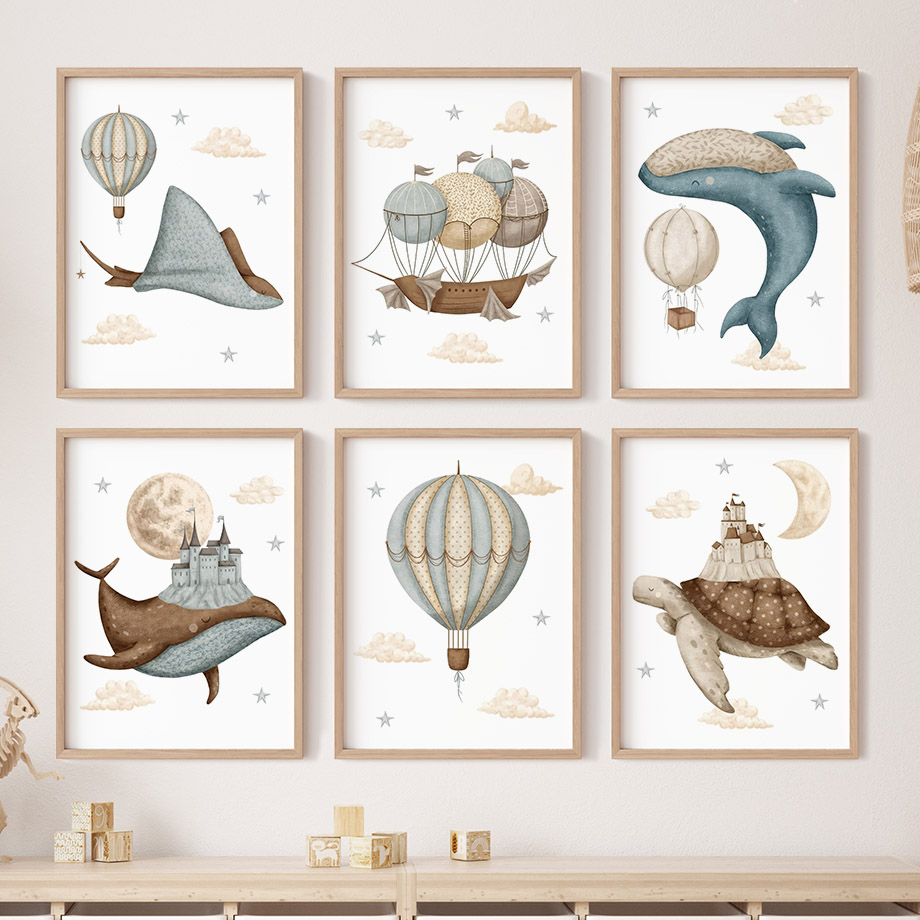 Baby Nursery Prints - Whale Turtle Castle Balloon Nordic Nursery