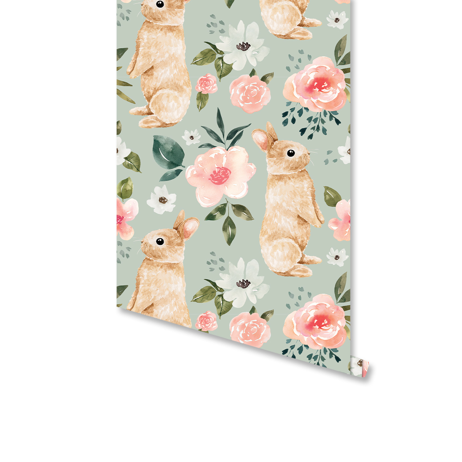 Baby Nursery Bedding - Sage Green Bunny Floral Wallpaper Rabbit