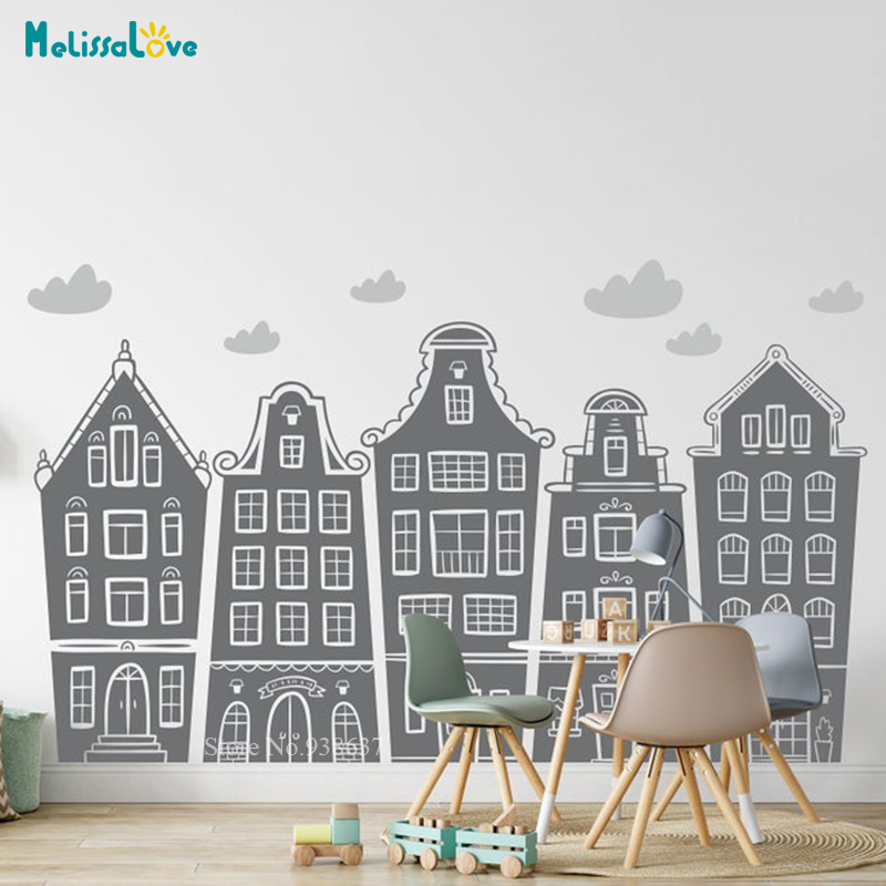 Baby Nursery Decals - Scandinavian Houses & Clouds Decal Nursery