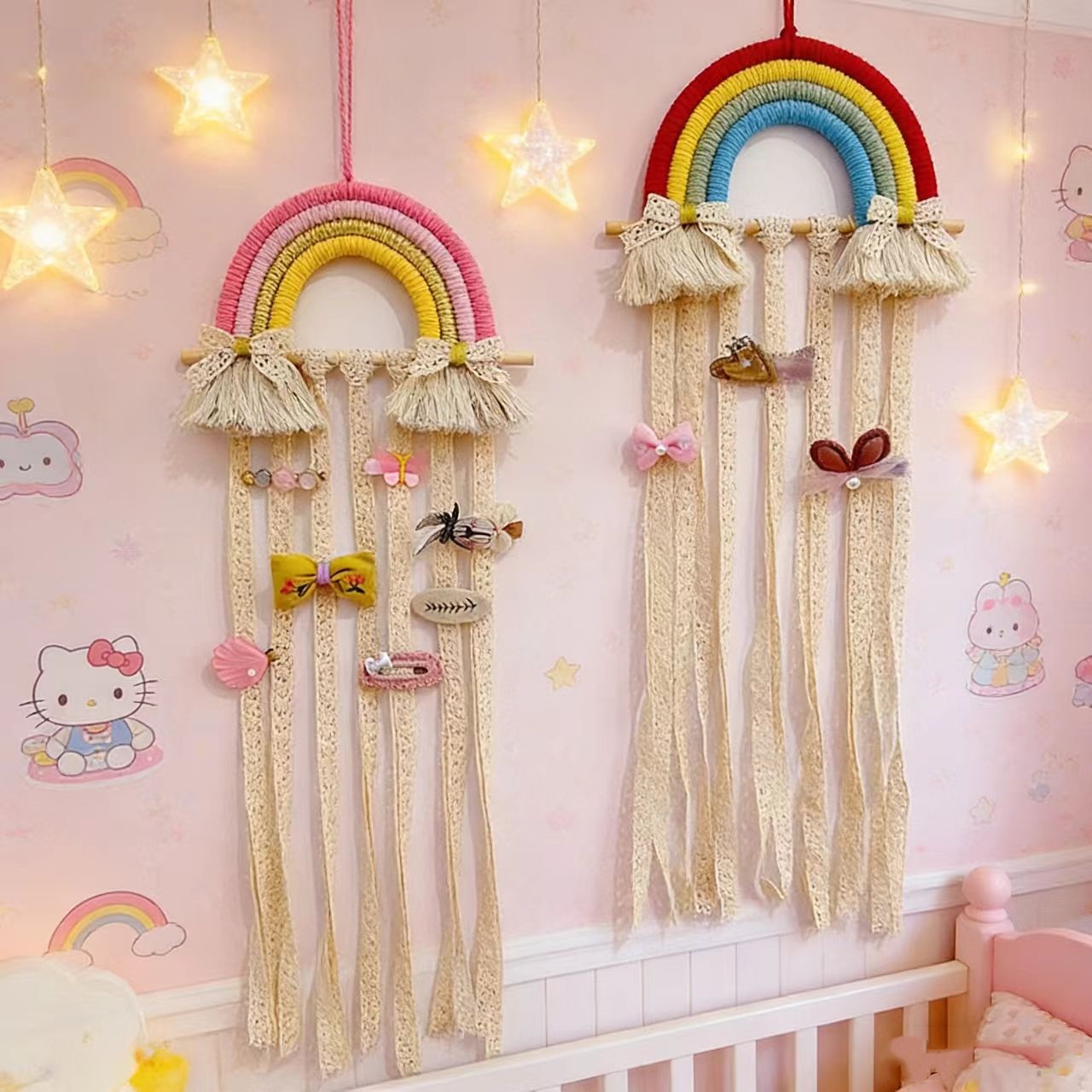 Baby Nursery Girl Room - Rainbow Macrame Hair Bows Holder Wall