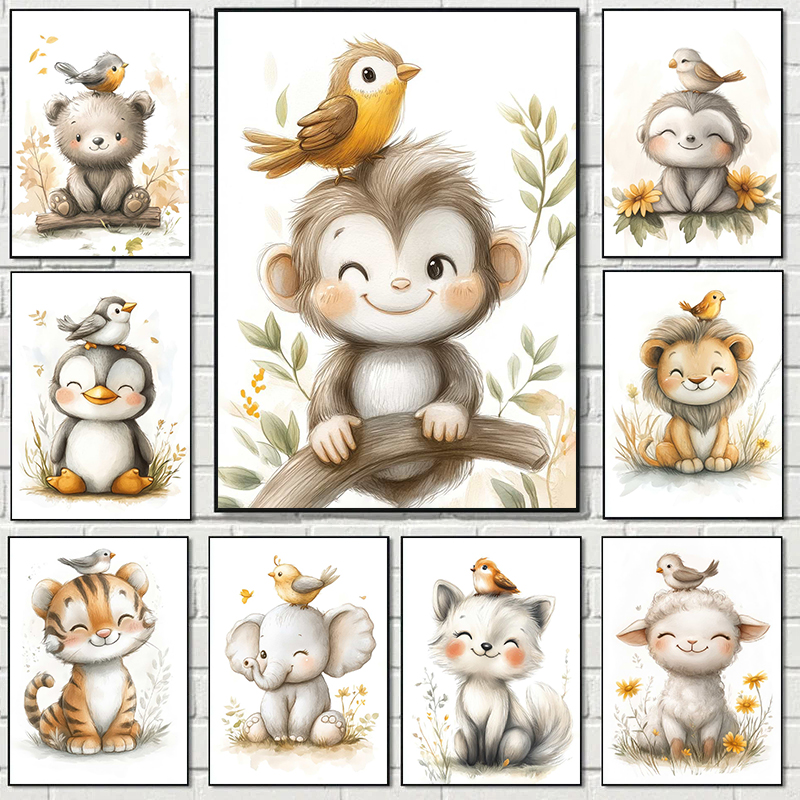 Baby Nursery Prints - Boho Style Cartoon Animal Illustrations Posters