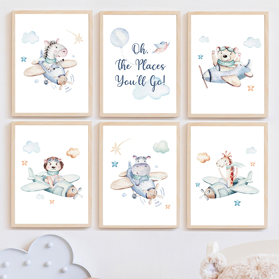 Baby Nursery Prints - Zebra Giraffe Lion Bear Airplane Adventure