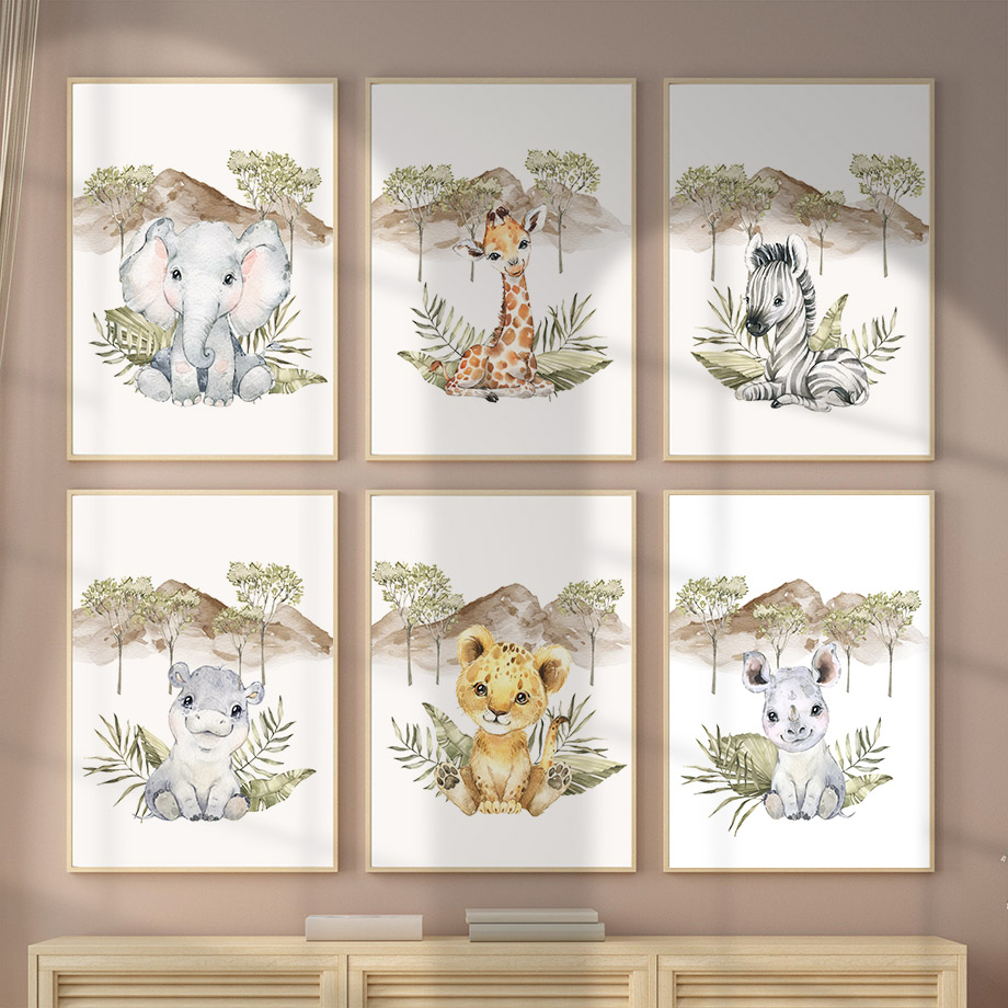 Baby Nursery Prints - Giraffe Zebra Elephant Lion Hippo Tree