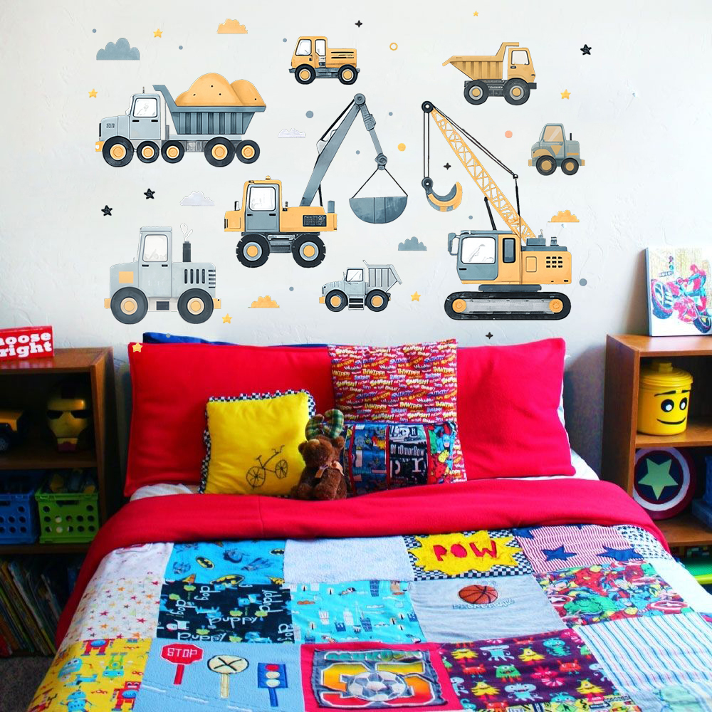 Cartoon Excavator Vehicles Set - Baby Nursery Decals recension och pris