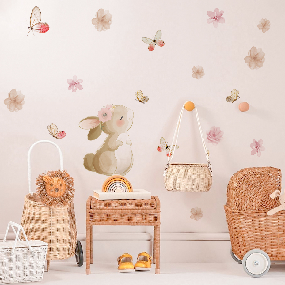Cartoon Rabbit Flowers Butterf - Baby Nursery Girl Room recension och pris
