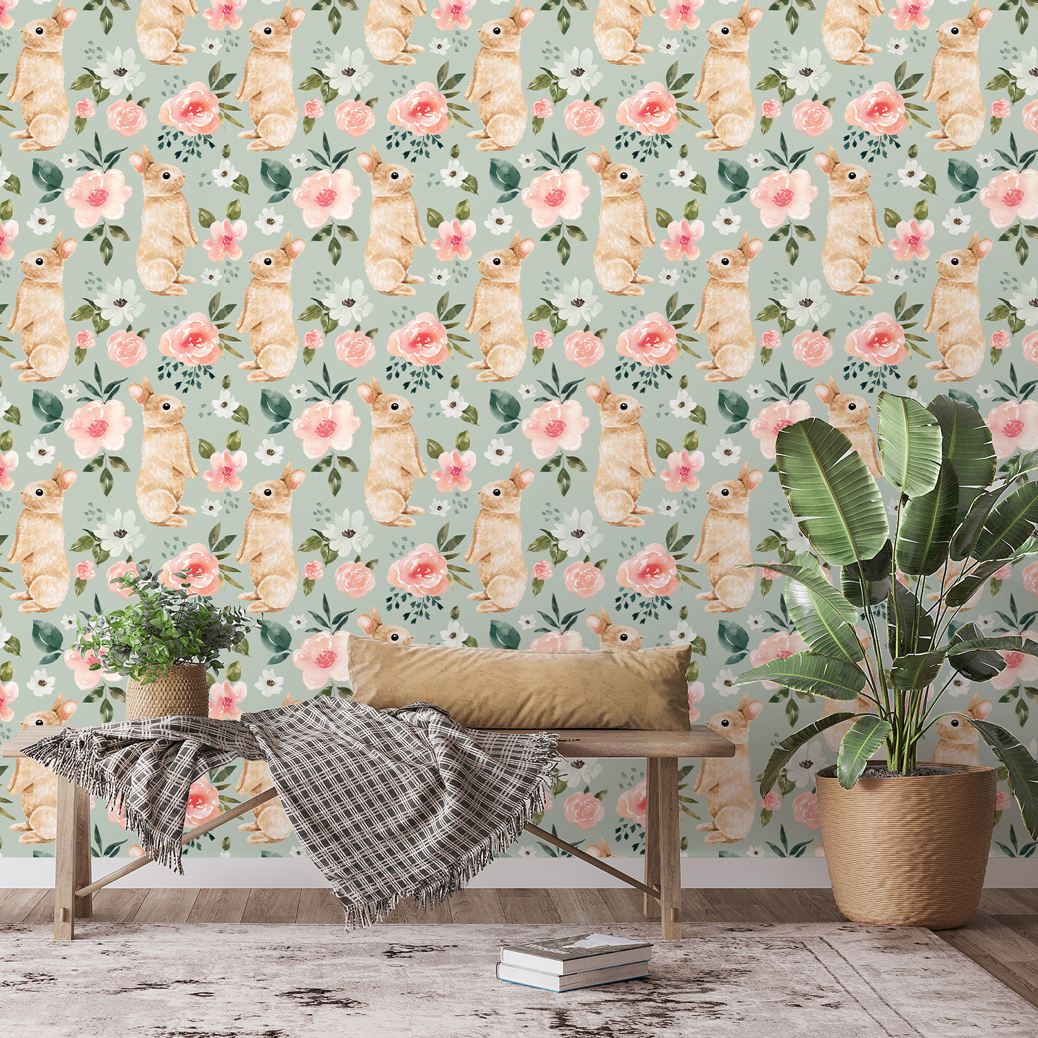 Sage Green Bunny Floral Wallpa - Baby Nursery Bedding recension och pris