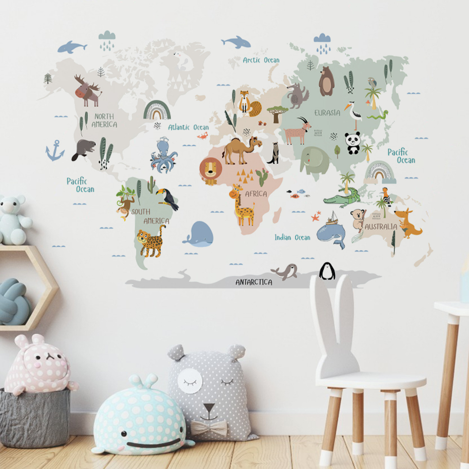 Watercolor  Cartoon World Map  - Baby Nursery Girl Room recension och pris