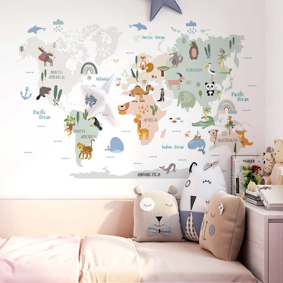 Watercolor  Cartoon World Map  - Baby Nursery Girl Room recension och pris